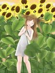  blush brown_hair closed_eyes dress flower hat long_hair original smile solo sun_hat sundress sunflower yunoji_(shion) 