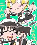  &gt;_&lt; bakuya blonde_hair brown_hair character_request closed_eyes copyright_request fantasy_earth_zero knife maid maid_headdress multiple_girls 