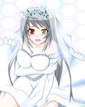  arm_gloves bare_shoulders blush breasts cleavage dress female flower heterochromia highres infinite_stratos kneeling laura_bodewig long_hair open_mouth rose silver_hair solo veil wedding_dress white_rose 