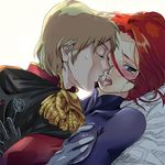  1girl blush breast_grab breasts brown_eyes cape char_aznable epaulettes grabbing gundam hetero kiss kycilia_zabi medium_breasts red_hair sakata3 saliva skin_tight sweat tears tongue 