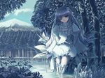  blue boots castle dress eyepatch flower forest kirakishou long_hair mountain nature pink_hair plant purple_eyes ranranloo rose rozen_maiden solo thigh_boots thighhighs tree vines water white_flower white_rose 