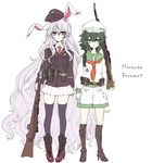  absurdres aqua_eyes bad_id bad_pixiv_id black_hair black_legwear bolt_action boots cross-laced_footwear gun hat high_heels highres lace-up_boots lavender_hair long_hair mauser_98 multiple_girls murasa_minamitsu pigeon-toed red_eyes reisen_udongein_inaba rifle sailor sailor_collar sailor_hat shoes short_hair shorts slit_pupils thighhighs touhou very_long_hair weapon yutsumoe 