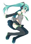  aqua_eyes aqua_hair detached_sleeves full_body hatsune_miku long_hair meito_(maze) necktie open_mouth panties simple_background skirt solo striped striped_panties thighhighs twintails underwear very_long_hair vocaloid 