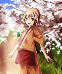  bad_id bad_pixiv_id brown_eyes brown_hair cherry_blossoms flower hair_flower hair_ornament hanasaku_iroha highres japanese_clothes kissuisou_uniform matsumae_ohana nakai_(waitress) open_mouth petals short_hair smile solo yuki_tsuki_(rinlen) 