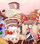  apron cake candle candy candy_cane checkerboard_cookie chewing_gum chibi chocolate cookie dress fire food fork fruit gozen_shinshi gumball highres holding holding_fork in_food long_hair long_sleeves minigirl oreo original pancake pink_hair profile purple_eyes solo strawberry strawberry_shortcake syrup very_long_hair 