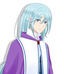  androgynous baritone_(suite_precure) blue_eyes blue_hair earrings formal frown jewelry light_blue_hair long_hair male_focus muru precure serious simple_background solo suit suite_precure 