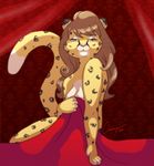  brown_hair cheetah covering covering_self creamytea feline female hair long_hair looking_at_viewer mammal nude seductive solo spots 