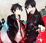  amane_mio ao_no_exorcist blue_fire brothers fire glasses green_eyes gun male_focus multiple_boys okumura_rin okumura_yukio pointy_ears school_uniform siblings smile sword weapon 