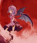  ankle_lace-up bat_wings blue_hair cross-laced_footwear curtsey dress fang hat hat_ribbon heno51 highres looking_back red_eyes remilia_scarlet ribbon short_hair skirt_hold solo touhou wings 