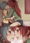  blue_hair blush couple heavy_breathing kiss mahou_shoujo_madoka_magica miki_sayaka mitakihara_school_uniform multiple_girls ponytail red_hair sakura_kyouko saliva saliva_trail satoimoya school_uniform short_hair yuri 