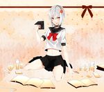  accelerator black_legwear blush choker flower genderswap genderswap_(mtf) hair_flower hair_ornament highres magazine midriff murata0033 navel red_eyes school_uniform serafuku short_hair sitting solo suzushina_yuriko to_aru_majutsu_no_index wariza white_hair 