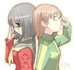  amagi_yukiko amagi_yukiko_(cosplay) cosplay face glasses jacket misaka_mikoto multiple_girls parody persona persona_4 saki satonaka_chie satonaka_chie_(cosplay) sketch to_aru_kagaku_no_railgun to_aru_majutsu_no_index touyoko_momoko track_jacket yu_65026 