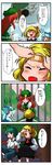  4koma antennae bandaid blonde_hair blood blue_hair blush bow braid china_dress chinese_clothes cirno comic dress fang green_eyes green_hair hair_bow hat hong_meiling kizinori long_hair multiple_girls red_eyes red_hair ribbon rumia scarlet_devil_mansion touhou translated wings wriggle_nightbug 