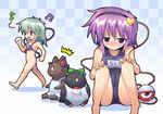  barefoot blush flat_chest highres kaenbyou_rin kaenbyou_rin_(cat) komeiji_koishi komeiji_satori kurogarasu multiple_girls musical_note name_tag nude one-piece_swimsuit reiuji_utsuho reiuji_utsuho_(bird) school_swimsuit swimsuit third_eye touhou 