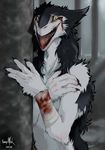  bandage bandages blood claws fangs female fur furry injury open_mouth pillar rain_silves sergal signature solo trancy_mick 