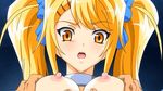  animated animated_gif blonde_hair breasts censored collar cum ejaculation erect_nipples facial gif hourai_himeno nipples open_mouth paizuri penis shock surprised toriko_hime twintails yellow_eyes 