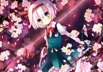  bad_id bad_pixiv_id black_hairband bow bowtie bug butterfly cherry_blossoms dual_wielding frown hairband highres holding insect katana konpaku_youmu kusada_souta short_hair silver_hair solo sword touhou weapon yellow_eyes 