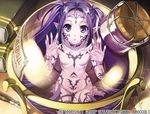  book cup facepaint from_above hands highres ikeda_yasuhiro in_container in_cup long_hair looking_at_viewer looking_up markings minigirl no_nipples nude original parted_lips pointy_ears purple_eyes purple_hair solo tattoo twintails 