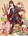  bad_id bad_pixiv_id black_eyes black_hair boots bow bracelet cake candy chair cherry chewing_gum coat crossed_legs food fruit full_body grapes grey_footwear gumball jar jewelry knee_boots lollipop long_hair male_focus open_clothes open_shirt pants parfait ribbon shirt sitting smile solo strawberry sweets tales_of_(series) tales_of_vesperia yubari yuri_lowell 