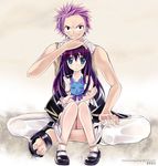  1girl achiba alternate_color bad_id bad_pixiv_id cat charle_(fairy_tail) fairy_tail hand_on_another's_head height_difference hug natsu_dragneel petite petting pink_hair purple_hair sandals shoes sitting smile wendy_marvell 