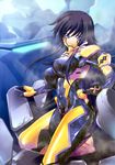  black_bodysuit black_hair bodysuit highres mecha miyata_sou muvluv muvluv_alternative muvluv_total_eclipse pilot_suit solo takamura_yui wet yellow_bodysuit 