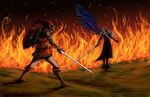  2boys crossover epic fight fighting final_fantasy final_fantasy_vii fire highres link multiple_boys red_tunic sephiroth shield sword the_legend_of_zelda weapon 