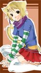  cat catgirl clothed cute feline female hair_ribbon kneeling natsuki_(artist) skirt solo stockings striped 