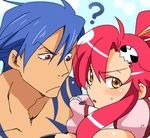  1girl ? blue_hair couple hair_ornament hairclip hetero kamina red_eyes red_hair rikko_(peso) tattoo tengen_toppa_gurren_lagann yellow_eyes yoko_littner 