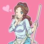  ;) apron blue_eyes blush breasts broom brown_hair closed_mouth hairband heart long_hair lowres medium_breasts mother_bw_(pokemon) one_eye_closed pokemon pokemon_(game) pokemon_bw ponytail r-ray simple_background skirt sleeves_rolled_up smile solo sweater 