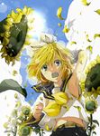  arm_up arm_warmers armpits blonde_hair cloud day flower green_eyes hair_ribbon highres kagamine_rin navel open_mouth petals ribbon sailor_collar sailor_collar_lift short_hair sky solo sunflower vocaloid wind yamazaki_ogin 