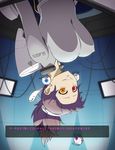  bodysuit breasts cake_core covered_nipples crazy_eyes earrings glados hanging_breasts heterochromia jewelry large_breasts morality_core personification ponytail portal portal_(series) purple_hair saran_wrap_(sf_seijin) solo translated upside-down 