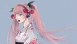  cherry food fruit hatsune_miku highres japanese_clothes kimono long_hair pink_eyes pink_hair sakura_miku solo twintails vocaloid yu_(kongxiang) 