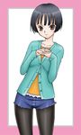  black_hair black_legwear blush brown_eyes casual denim fashion kobayakawa_rinko legwear_under_shorts love_plus pantyhose short_hair shorts solo uraharukon 