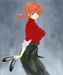  bad_id bad_pixiv_id barefoot blue_eyes braid chinese_clothes genderswap genderswap_(mtf) highres long_hair poruhi rain ranma-chan ranma_1/2 red_hair saotome_ranma shoes_removed single_braid sleeves_rolled_up solo tangzhuang 