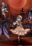  absurdres bat_wings blonde_hair book canyon cirno evil_grin evil_smile flandre_scarlet full_moon glowing glowing_eyes grin hair_over_eyes hat hidden_eyes highres hong_meiling izayoi_sakuya knife koakuma laevatein large_wings maid maid_headdress moon multiple_girls open_mouth outstretched_arm patchouli_knowledge purple_hair red_moon remilia_scarlet rumia shadow smile the_embodiment_of_scarlet_devil touhou weapon wings yagimiwa 