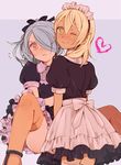  blonde_hair blue_hair blush crossdressing ediblepanda green_eyes hair_over_one_eye inazuma_eleven inazuma_eleven_(series) kazemaru_ichirouta long_hair maid maid_headdress miyasaka_ryou multiple_boys one_eye_closed otoko_no_ko spread_legs thighhighs 