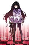  akemi_homura black_ribbon burnt checkered checkered_floor dorab ear_grab english hairband highres kyubey long_hair mahou_shoujo_madoka_magica pantyhose purple_eyes purple_skirt ribbon shield skirt standing 