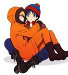  bad_id bad_pixiv_id black_hair blonde_hair blue_eyes blush boots coat gloves hat hirosuke_(psychexx) hood hug kenny_mccormick multiple_boys simple_background south_park stan_marsh 