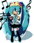  2011_sendai_earthquake_and_tsunami aqua_eyes aqua_hair beamed_eighth_notes detached_sleeves dragonbead fang hat hatsune_miku long_hair miniskirt musical_note necktie one_eye_closed outstretched_arms quarter_note sixteenth_note skirt solo thighhighs treble_clef twintails very_long_hair vocaloid zettai_ryouiki 