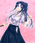  1girl blue_eyes blue_hair female japanese_clothes kamiya_kaoru long_hair ponytail rurouni_kenshin solo wooden_sword 