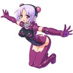  :d blush busou_shinki butt_crack dd_(ijigendd) doll_joints elbow_gloves gloves kneeling lavender_hair leaning_forward looking_at_viewer maryceles open_mouth outstretched_arms purple_legwear red_eyes short_hair simple_background smile solo spread_arms white_background 