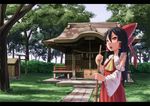  bad_id bad_pixiv_id black_hair bow box broom detached_sleeves donation_box hair_bow hair_tubes hakurei_reimu hakurei_shrine kurione_(zassou) letterboxed long_hair nature red_eyes shrine shrine_bell solo torii touhou tree 