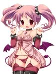  :d alternate_costume babydoll bad_id bad_pixiv_id bat_wings blush choker demon_tail empty_eyes garter_belt hair_twirling kaname_madoka lingerie mahou_shoujo_madoka_magica meiro_(yuu) open_mouth pink_eyes pink_hair plump short_hair simple_background smile solo tail thighhighs twintails underwear underwear_only wings wristband 