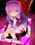  ayagi_daifuku chair eyeball from_above hairband heart komeiji_satori light_smile looking_at_viewer pink_eyes pink_hair purple_eyes purple_hair short_hair sitting slippers smile solo staring third_eye touhou 