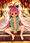  absurdres apple bad_id bad_pixiv_id barefoot blush bow censored fang feet flat_chest food fruit hair_bow highres long_hair mahou_shoujo_madoka_magica navel open_clothes open_shirt ponytail r_85 red_eyes red_hair sakura_kyouko shirt solo sunset 