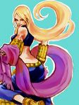  bare_back bare_shoulders blonde_hair dancer_(fft) detached_sleeves female final_fantasy final_fantasy_tactics green_eyes long_hair looking_back naki_(pixiv2159655) pixiv_manga_sample simple_background skirt solo 