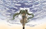  cloud green_eyes green_hair hatsune_miku kneehighs long_hair miringx2 necktie outstretched_arm project_diva project_diva_(series) skirt sky smile solo twintails very_long_hair vocaloid 