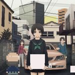  black_hair black_serafuku black_skirt car commentary ground_vehicle motor_vehicle multiple_girls original pixel_art school_uniform serafuku short_hair skirt yajirushi_(chanoma) 