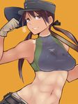  abs belt brown_eyes brown_hair em flexing gertrud_barkhorn gloves hat long_hair muscle navel pose shovel smile solo strike_witches sweat tan tanline twintails world_witches_series 