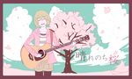  40meter-p acoustic_guitar black_legwear brown_hair cherry_blossoms guitar gumi instrument original pantyhose petals short_hair sky smile solo vocaloid 